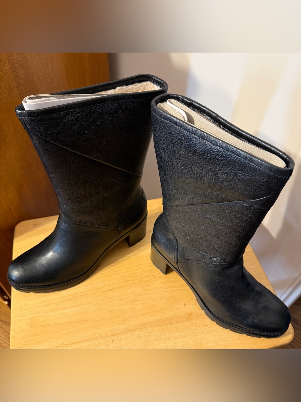 UGG Black Leather Shearling-Lined Mid-Calf Heeled Boots